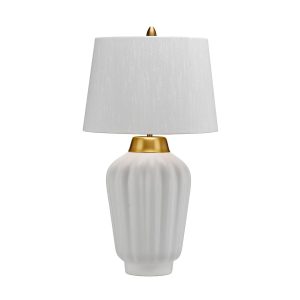 Quintiesse Bexley 1 light white ribbed ceramic table lamp in brushed brass on white background unlit