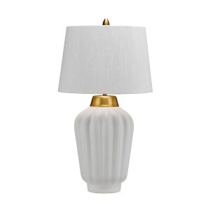 Quintiesse Bexley 1 light white ribbed ceramic table lamp in brushed brass on white background unlit