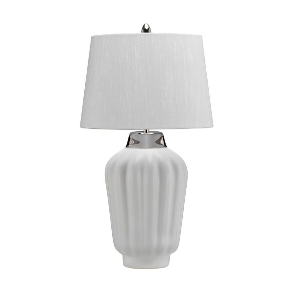 Quintiesse Bexley 1 light white ribbed ceramic table lamp in polished nickel on white background unlit