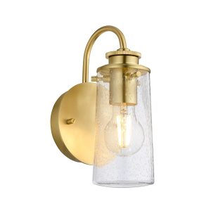 Quintiesse Braelyn brushed brass 1 lamp bathroom wall light white background lit