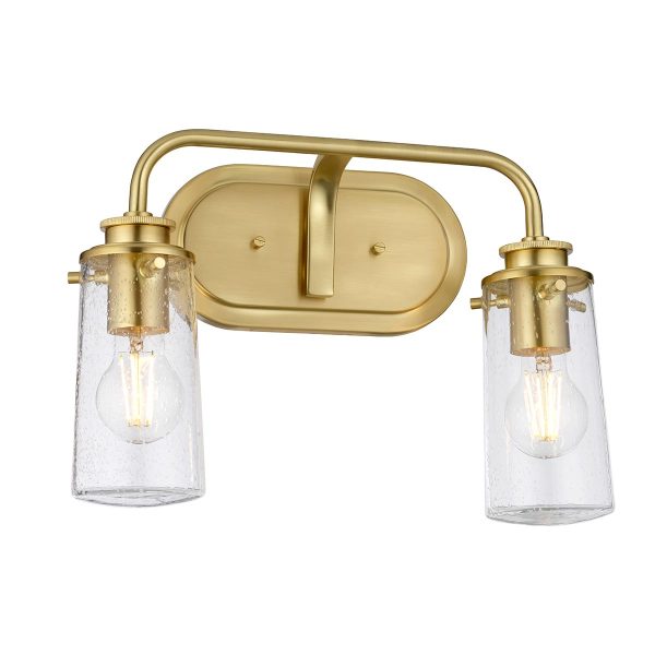 Quintiesse Braelyn brushed brass 2 lamp bathroom wall light on white background lit