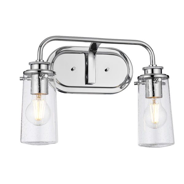 Quintiesse Braelyn polished chrome 2 lamp bathroom wall light on white background lit