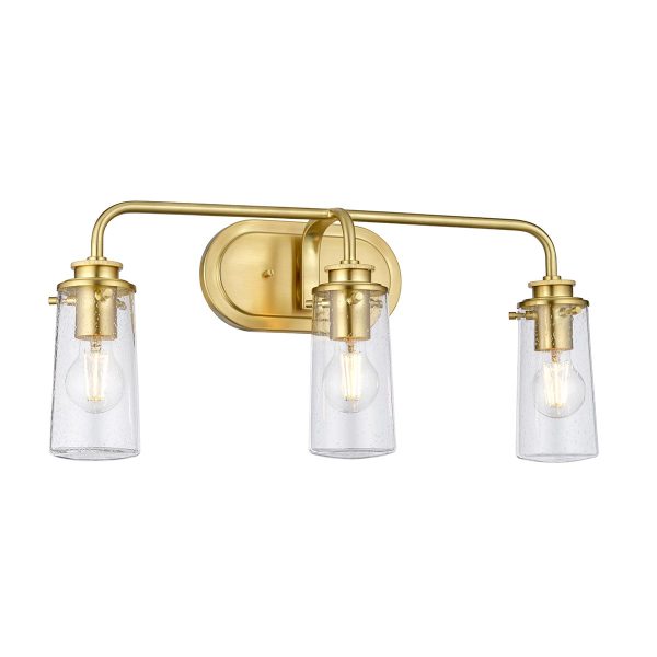 Quintiesse Braelyn brushed brass 3 lamp bathroom wall light on white background lit