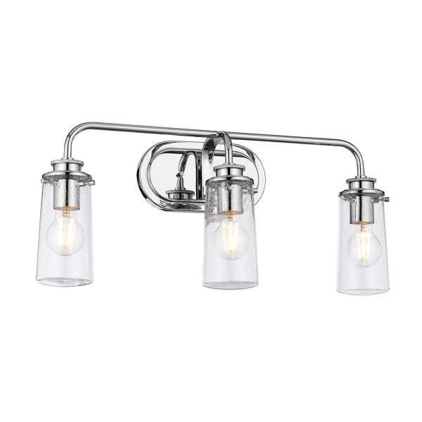 Quintiesse Braelyn polished chrome 3 lamp bathroom wall light white background lit