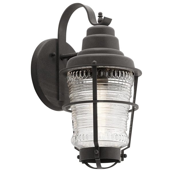 Quintiesse Chance Harbor 1 light medium outdoor wall lantern in weathered zinc on white background lit