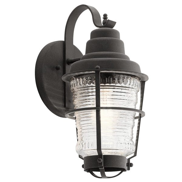 Quintiesse Chance Harbor 1 light small outdoor wall lantern in weathered zinc on white background lit