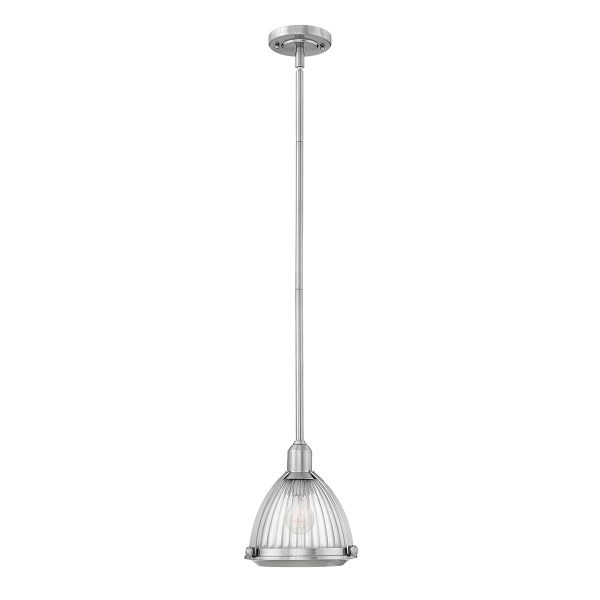 Quintiesse Elroy brushed nickel 1 light pendant with holophane glass shade full height