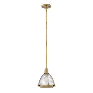 Quintiesse Elroy heritage brass 1 light mini pendant with holophane glass shade full height