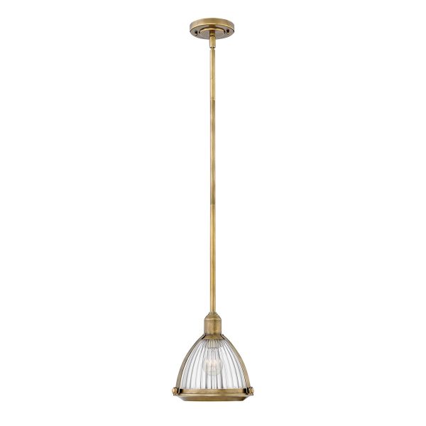 Quintiesse Elroy heritage brass 1 light mini pendant with holophane glass shade full height