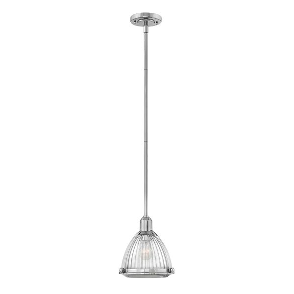 Quintiesse Elroy polished nickel 1 light mini pendant with holophane glass shade full height