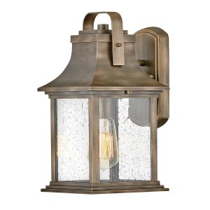 Quintiesse Grant 1 light small outdoor wall lantern in burnished bronze on white background