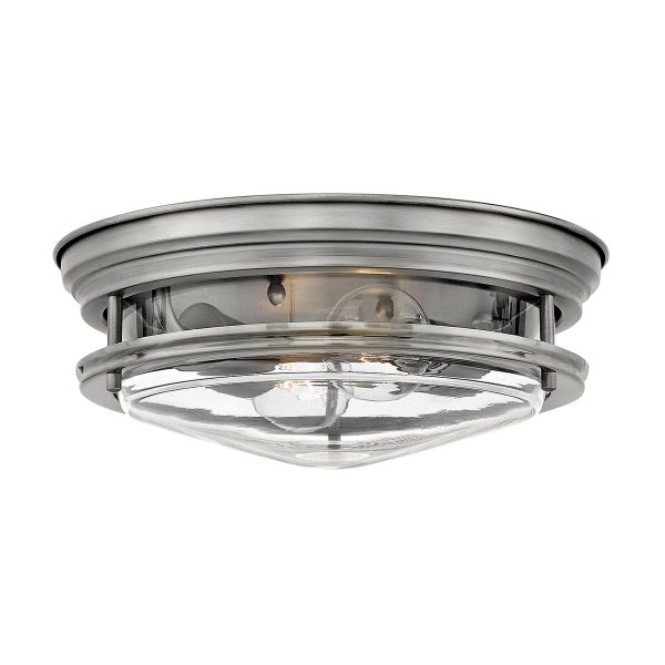 Quintiesse Hadrian antique nickel 2 lamp flush bathroom ceiling light with clear glass shade main image