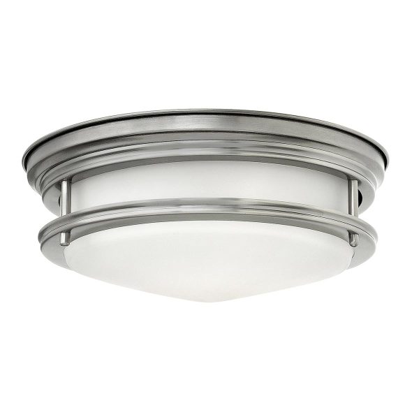 Quintiesse Hadrian antique nickel 2 lamp flush bathroom ceiling light with opal glass shade main image