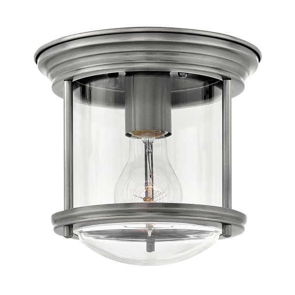 Quintiesse Hadrian antique nickel 1 lamp small flush bathroom ceiling light with clear glass shade main image