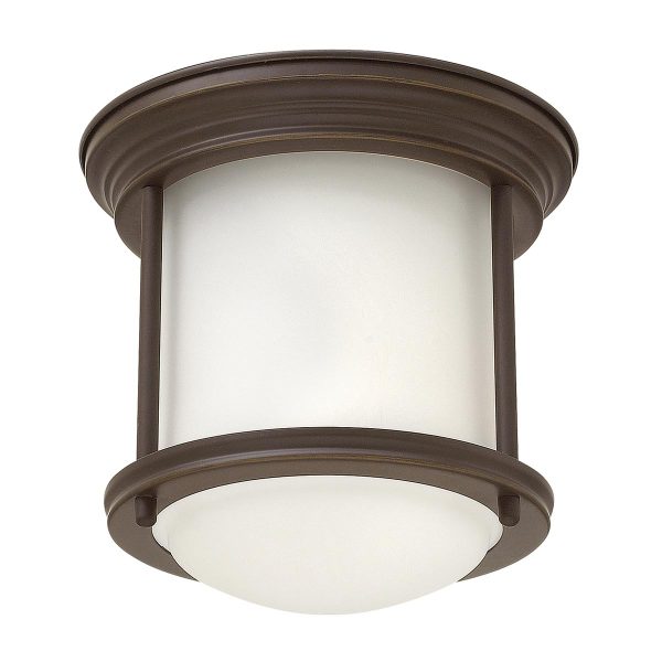 Quintiesse Hadrian oil rubbed bronze 1 lamp small flush bathroom ceiling light with opal glass shade main image
