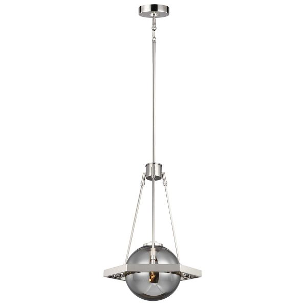 Quintiesse Harper polished nickel 1 light ceiling pendant with smoked glass globe full height