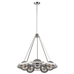Quintiesse Harper polished nickel 5 light modern chandelier with smoked glass globes full height