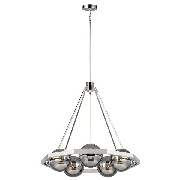 Quintiesse Harper polished nickel 5 light modern chandelier with smoked glass globes full height
