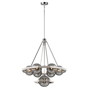 Quintiesse Harper polished nickel 7 light modern chandelier with smoked glass globes full height