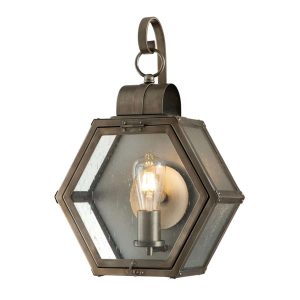 Quintiesse Heath medium hexagonal outdoor wall lantern in burnished bronze on white background