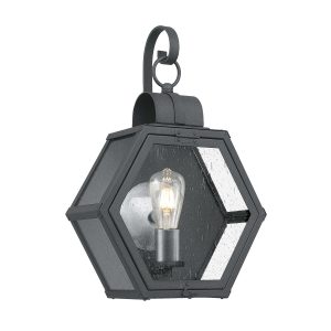 Quintiesse Heath medium hexagonal outdoor wall lantern in mottled black on white background