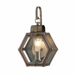 Quintiesse Heath small hexagonal outdoor wall lantern in burnished bronze on white background