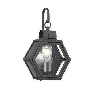 Quintiesse Heath small hexagonal outdoor wall lantern in mottled black on white background