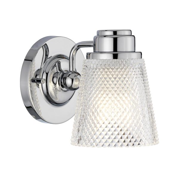 Quintiesse Hudson polished chrome 1 lamp bathroom wall light with cut glass shade facing down lit