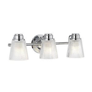 Quintiesse Hudson polished chrome 3 lamp bathroom mirror light with cut glass shades facing down lit