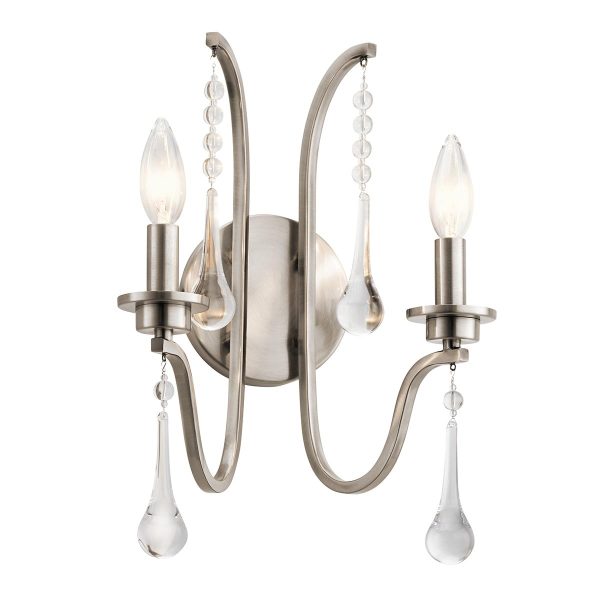 Quintiesse Karlee 2 lamp twin wall light in classic pewter with crystal drops main image on white background