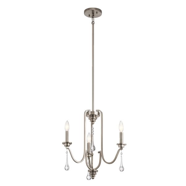 Quintiesse Karlee 3 light chandelier in classic pewter with crystal drops full height main image