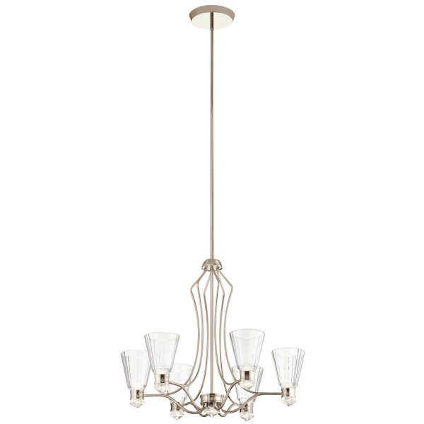 Quintiesse Kayva 6 arm LED bathroom chandelier in polished nickel on white background