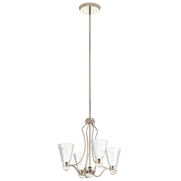 Quintiesse Kayva 4 arm LED bathroom chandelier in polished nickel on white background