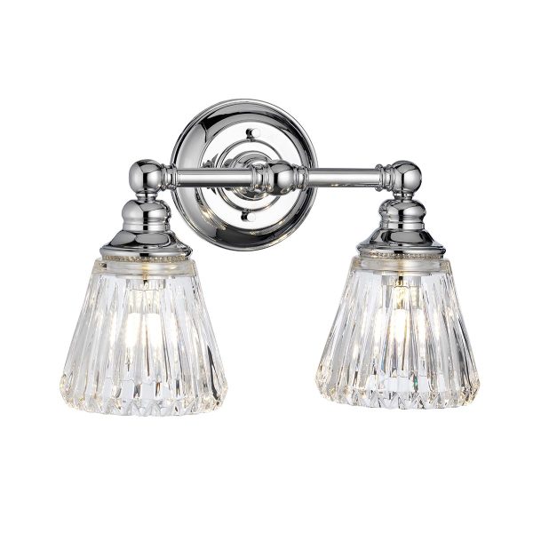 Quintiesse Keynes chrome twin bathroom wall light with cut glass shades lit