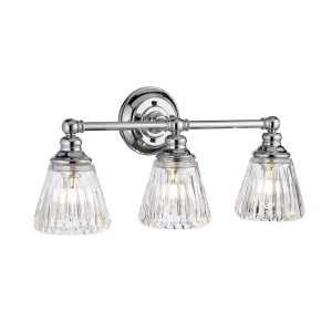 Quintiesse Keynes chrome 3 lamp bathroom mirror light with cut glass shades lit