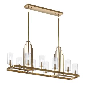 Quintiesse Kimrose 10 light Art Deco style chandelier in brushed brass full height on white background