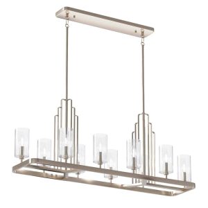 Quintiesse Kimrose 10 light Art Deco style chandelier in polished nickel full height on white background