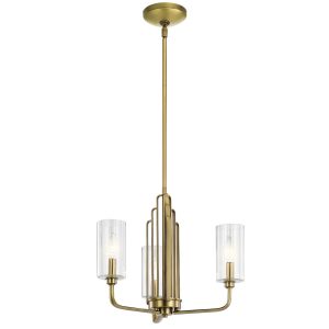 Quintiesse Kimrose 3 light Art Deco style chandelier in brushed brass full height on white background