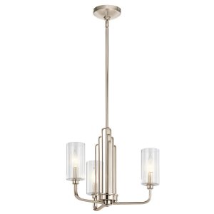 Quintiesse Kimrose 3 light Art Deco style chandelier in polished nickel full height on white background