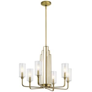 Quintiesse Kimrose 6 light Art Deco style chandelier in brushed brass full height on white background