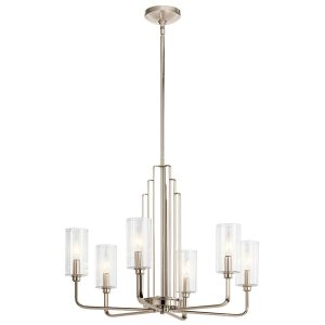 Quintiesse Kimrose 6 light Art Deco style chandelier in polished nickel full height on white background