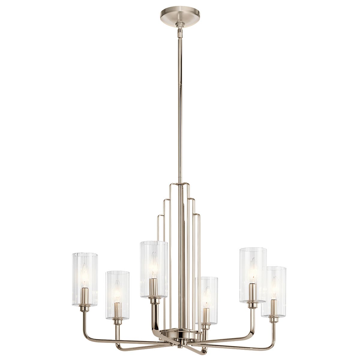 Kimrose 6 Light Art Deco Chandelier Polished Nickel Ribbed Glass