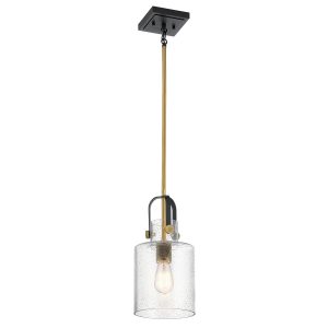 Quintiesse Kitner 1 light industrial pendant in matt black and natural brass full height on white background