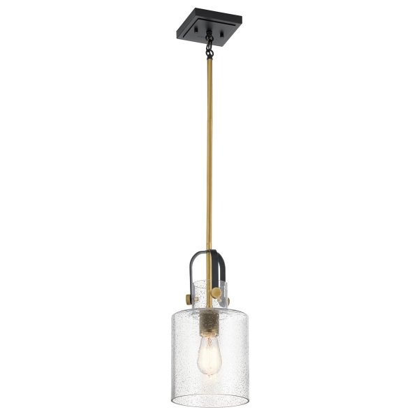 Quintiesse Kitner 1 light industrial pendant in matt black and natural brass full height on white background