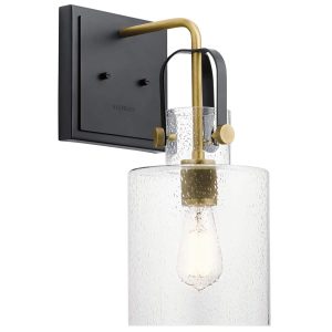 Quintiesse Kitner 1 light industrial wall light in matt black and natural brass full size on white background