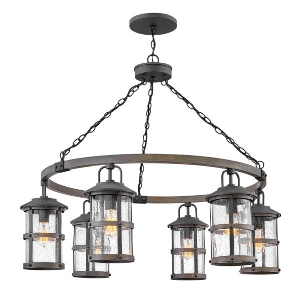 Quintiesse Lakehouse 6 light outdoor porch chandelier in aged zinc on white background