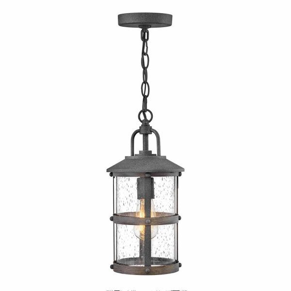 Quintiesse Lakehouse 1 light small hanging porch lantern in aged zinc on white background