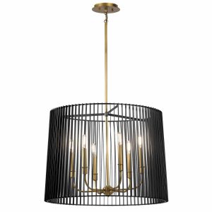 Quintiesse Linara 6 light pendant chandelier in matt black and natural brass full height on white background