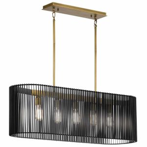 Quintiesse Linara 5 light island chandelier in matt black and natural brass full height on white background