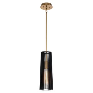 Quintiesse Linara single light pendant in matt black and natural brass full height on white background